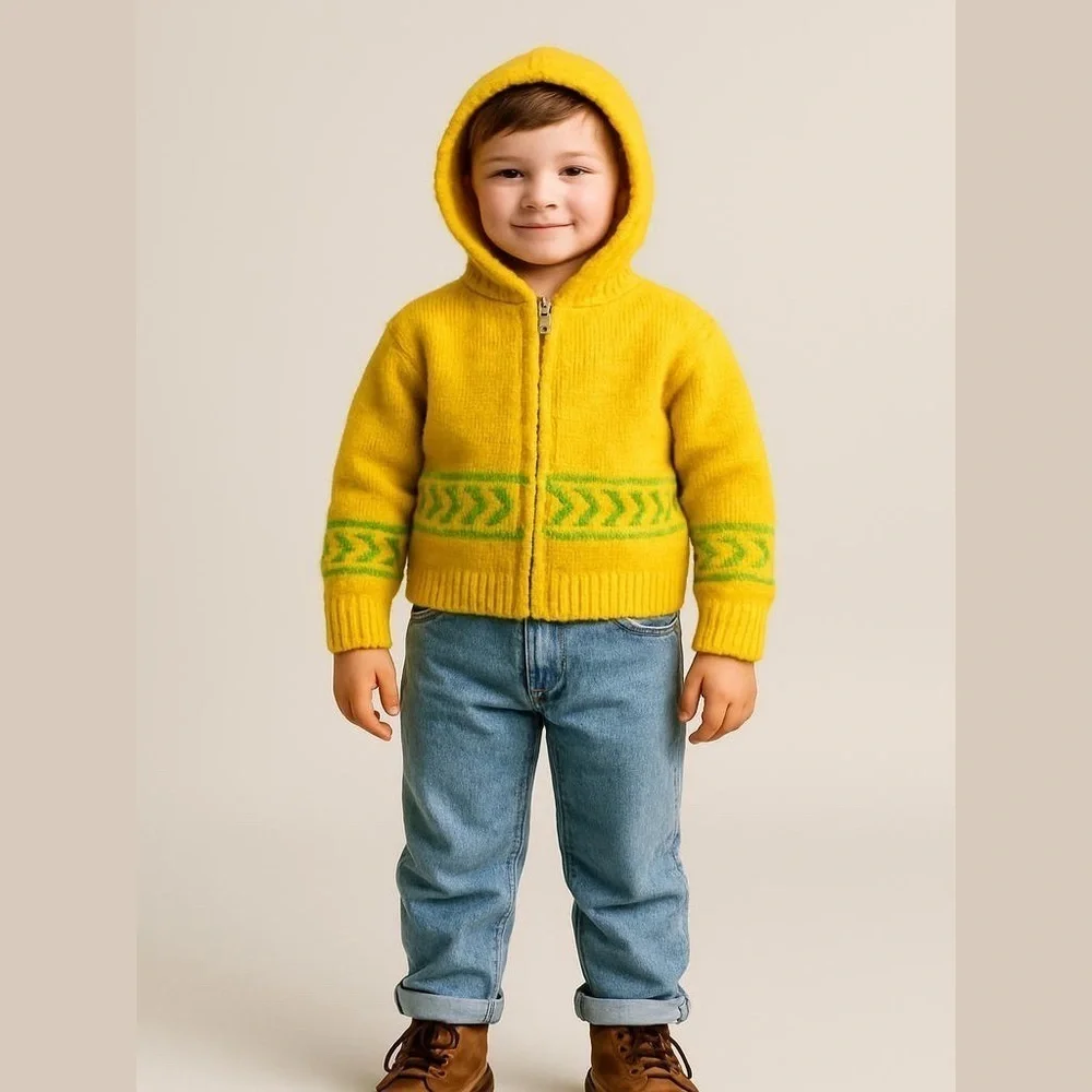 Vintage Aztec Wool Zip Up Hoodie Yellow Green Small